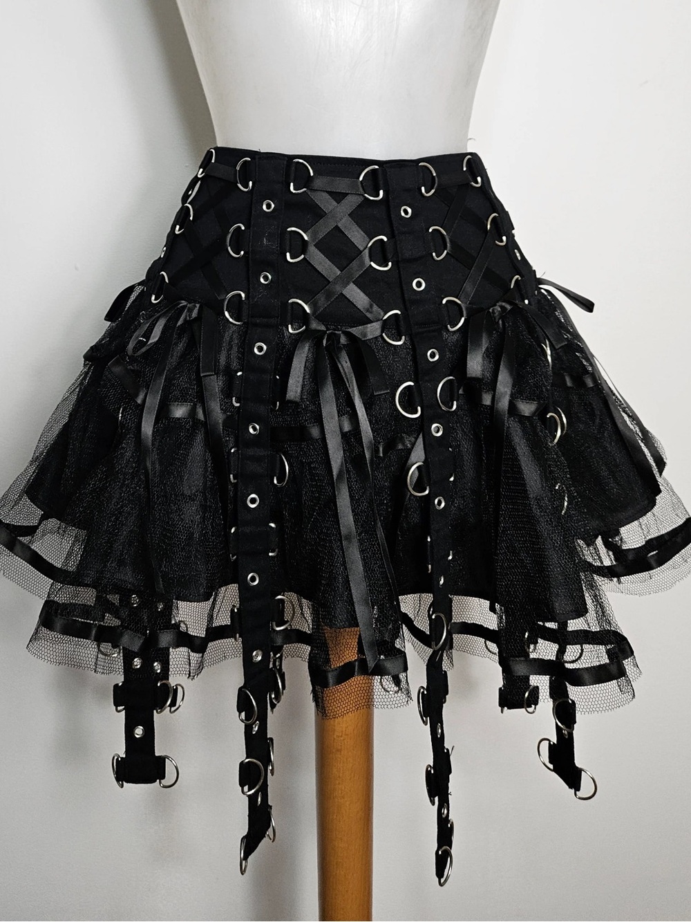 Hell Bunny Black Punk Goth Emo Grunge Tulle Skater Mini Skirt D Ring Straps M
